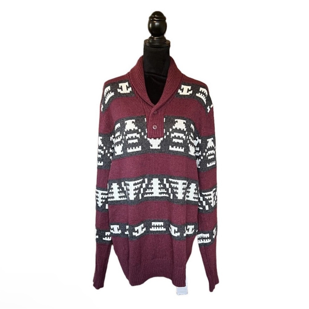 American Eagle Men Large Red White Black Aztec Tribal Shawl Collard Sweater